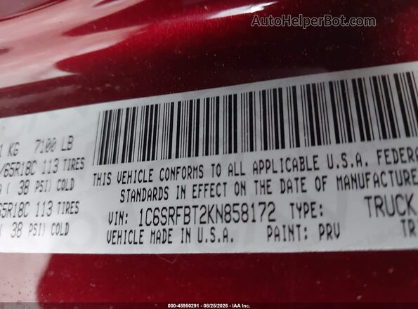 1C6SRFBT2KN858172 2019 RAM 1500 Burgundy Widok komory silnika