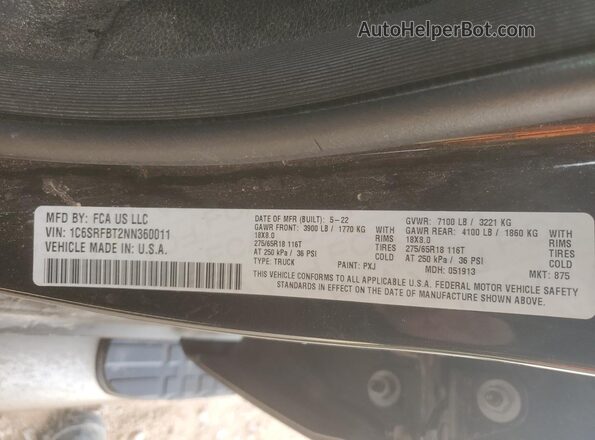 1C6SRFBT2NN360011 2022 RAM 1500 Black VIN կոդի պիտակի տեսք