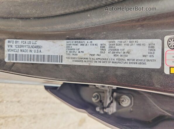 1C6SRFFT0LN348561 2020 RAM 1500 Gray Vista del compartimento del motor