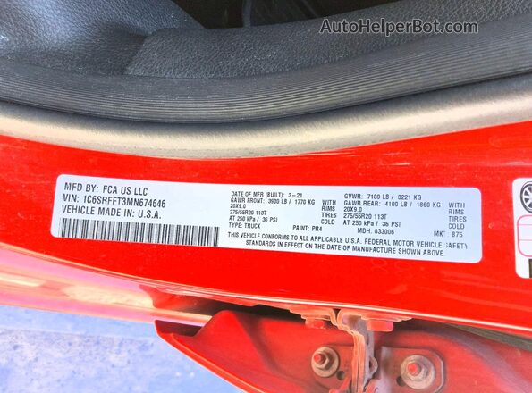 1C6SRFFT3MN674646 2021 RAM 1500 Red Вид підкапотного простору