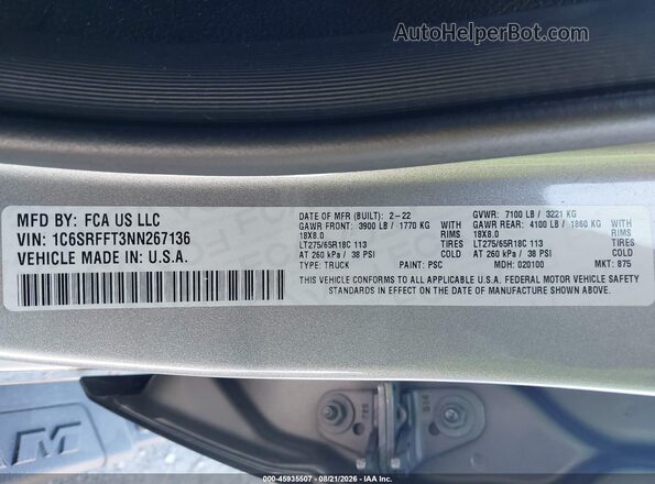 1C6SRFFT3NN267136 2022 RAM 1500 Silver Շարժիչի բաժամունքի տեսք