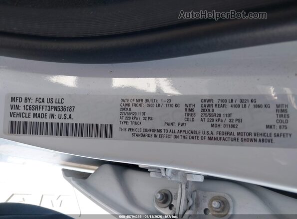1C6SRFFT3PN536187 2023 RAM 1500 White Vista del compartimento del motor