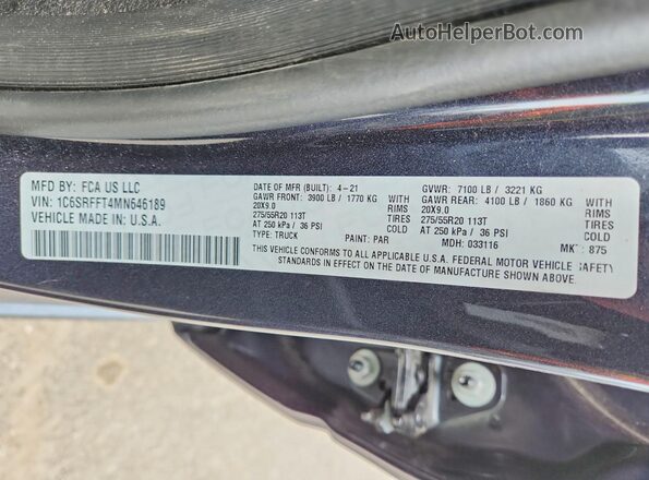 1C6SRFFT4MN646189 2021 RAM 1500 Blue Engine compartment view