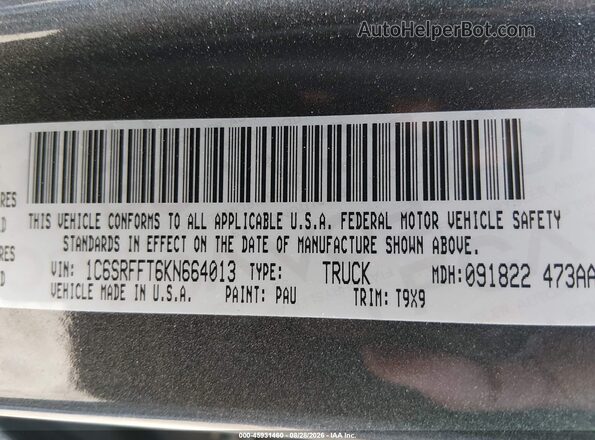 1C6SRFFT6KN664013 2019 RAM 1500 Gray Vista del compartimento del motor
