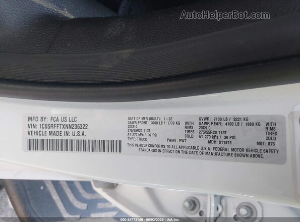 1C6SRFFTXNN236322 2022 RAM 1500 White Շարժիչի բաժամունքի տեսք