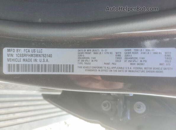 1C6SRFHM3MN763140 2021 RAM 1500 Charcoal Vista de la etiqueta del VIN