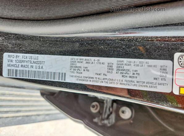 1C6SRFHT9LN422377 2020 RAM 1500 Black Widok naklejki z numerem VIN