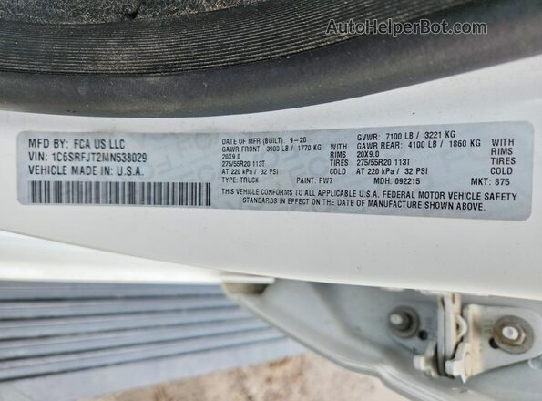 1C6SRFJT2MN538029 2021 RAM 1500 White VIN კოდის სტიკერის ხედი