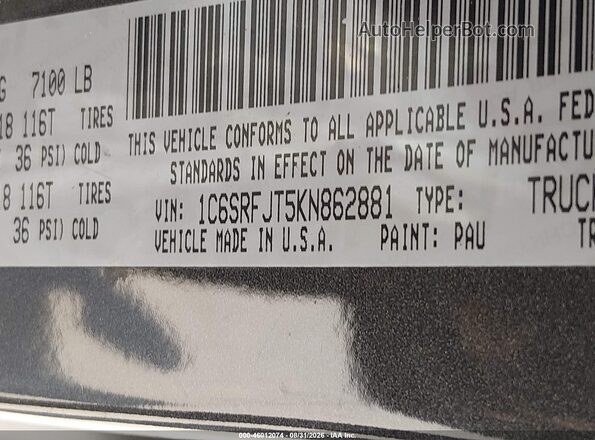 1C6SRFJT5KN862881 2019 RAM 1500 Gray Vista del compartimento del motor