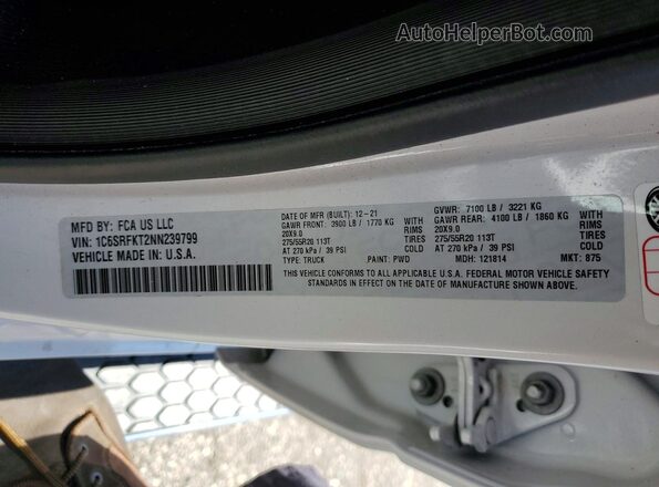 1C6SRFKT2NN239799 2022 RAM 1500 White VIN sticker view