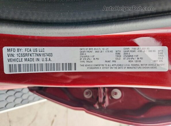 1C6SRFKT7NN167403 2022 RAM 1500 Burgundy Engine compartment view