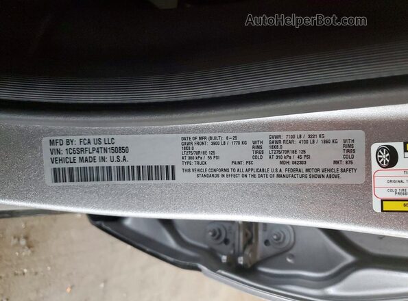 1C6SRFLP4TN150850 2026 RAM 1500 Серебряный Вид наклейки с VIN-кодом