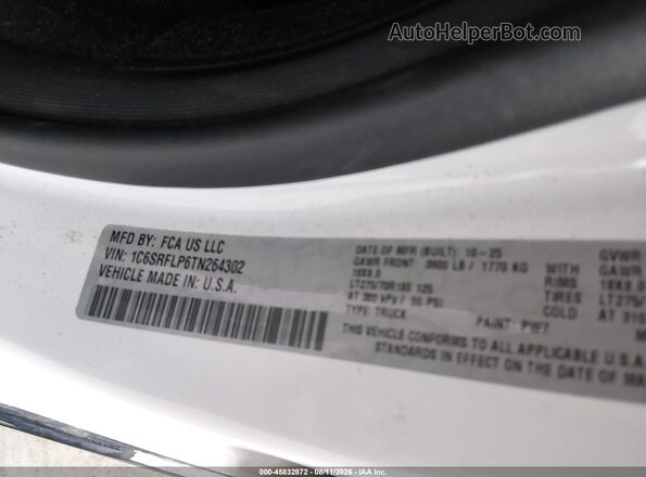 1C6SRFLP6TN264302 2026 RAM 1500 White Vista del compartimento del motor