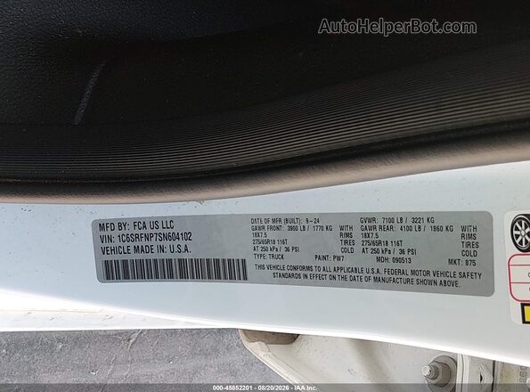 1C6SRFNP7SN604102 2025 RAM 1500 White Vista del compartimento del motor