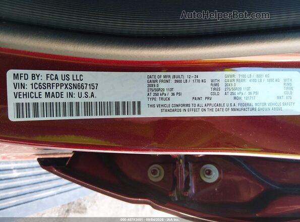 1C6SRFPPXSN667157 2025 RAM 1500 Темно-бордовый Вид подкапотного пространства