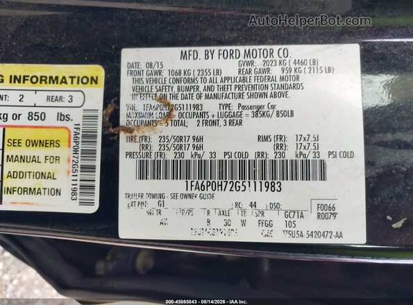 1FA6P0H72G5111983 2016 FORD FUSION Черный Вид подкапотного пространства