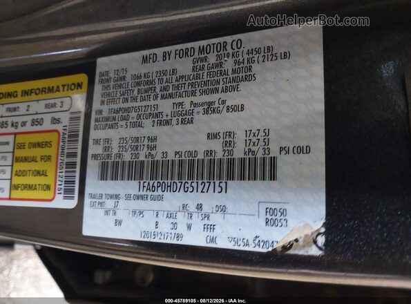 1FA6P0HD7G5127151 2016 FORD FUSION Gray Vista del compartimento del motor