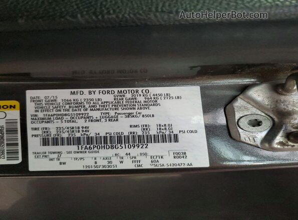 1FA6P0HD8G5109922 2016 FORD FUSION Gray Widok naklejki z numerem VIN