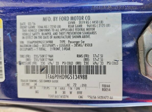 1FA6P0HD9G5134988 2016 FORD FUSION Синий Вид подкапотного пространства