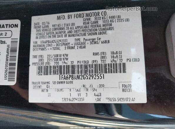 1FA6P8AM2G5292551 2016 FORD MUSTANG Black Շարժիչի բաժամունքի տեսք