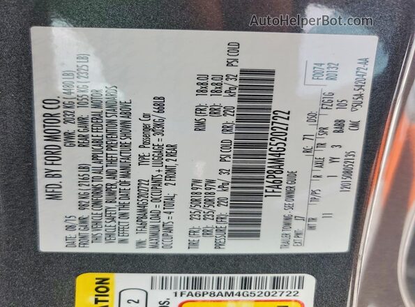 1FA6P8AM4G5202722 2016 FORD MUSTANG Gray Շարժիչի բաժամունքի տեսք