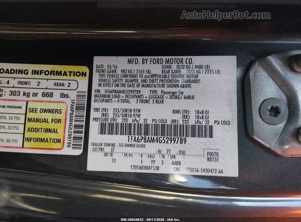 1FA6P8AM4G5299789 2016 FORD MUSTANG Серый Вид подкапотного пространства
