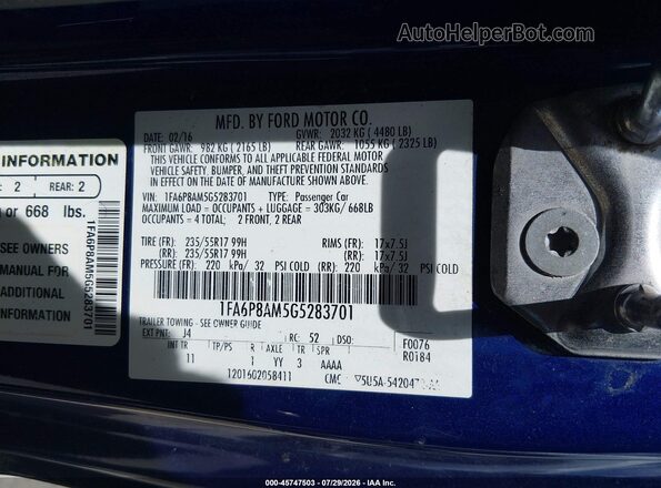 1FA6P8AM5G5283701 2016 FORD MUSTANG Blue ძრავის განყოფილების ხედი