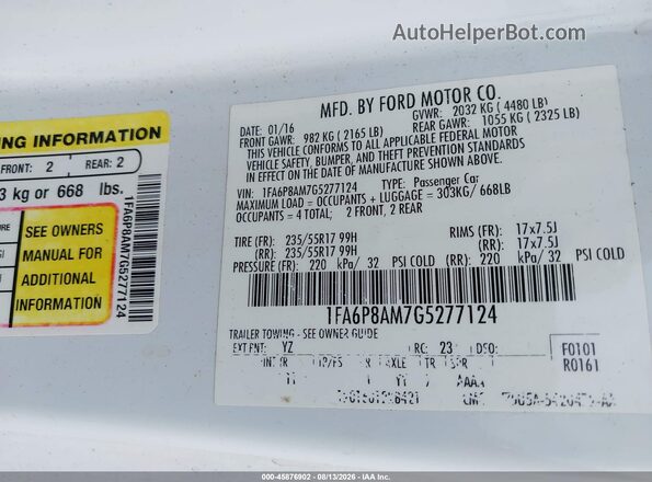1FA6P8AM7G5277124 2016 FORD MUSTANG White ძრავის განყოფილების ხედი