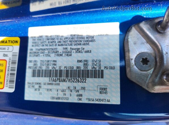 1FA6P8AM7H5226322 2017 FORD MUSTANG Blue Engine compartment view
