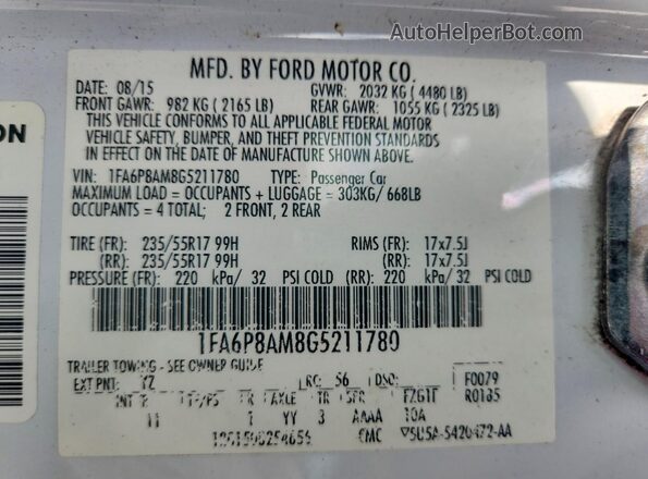 1FA6P8AM8G5211780 2016 FORD MUSTANG White Vista del compartimento del motor
