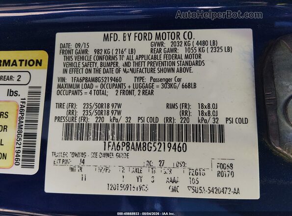 1FA6P8AM8G5219460 2016 FORD MUSTANG Blue Շարժիչի բաժամունքի տեսք