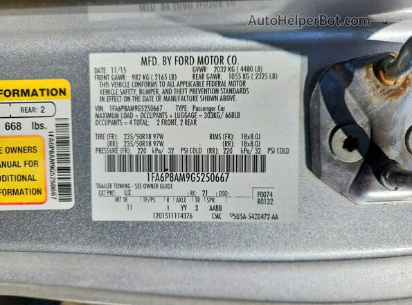 1FA6P8AM9G5250667 2016 FORD MUSTANG Silver 