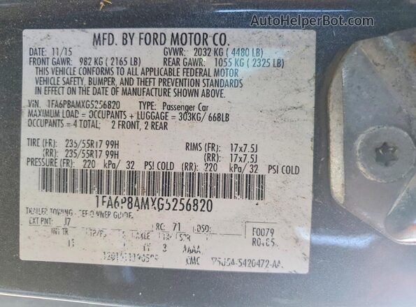 1FA6P8AMXG5256820 2016 FORD MUSTANG Charcoal Vista del compartimento del motor