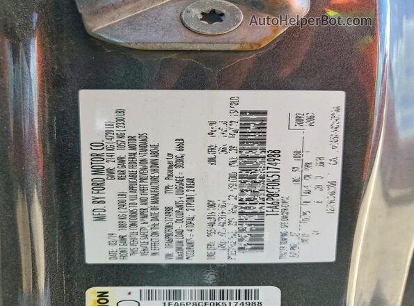 1FA6P8CF0K5174988 2019 FORD 200 Gray Widok naklejki z numerem VIN