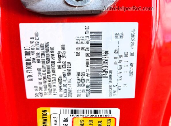 1FA6P8CF0K5187661 2019 FORD MUSTANG Красный Вид подкапотного пространства