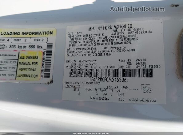 1FA6P8CF0M5153061 2021 FORD MUSTANG White Vista del compartimento del motor
