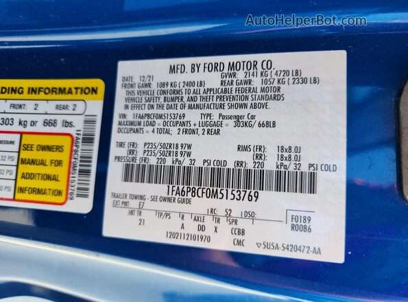 1FA6P8CF0M5153769 2021 FORD MUSTANG Blue Շարժիչի բաժամունքի տեսք