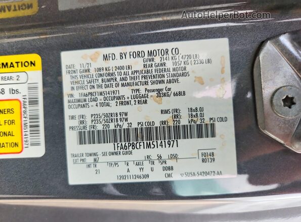 1FA6P8CF1M5141971 2021 FORD MUSTANG Gray VIN կոդի պիտակի տեսք