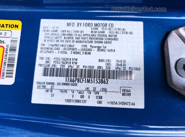 1FA6P8CF1M5153862 2021 FORD MUSTANG Blue Շարժիչի բաժամունքի տեսք