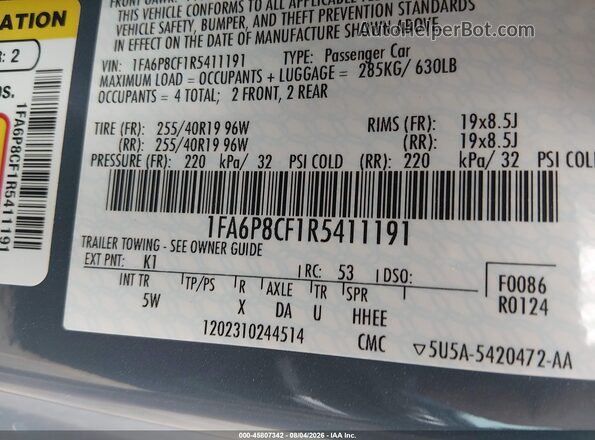1FA6P8CF1R5411191 2024 FORD MUSTANG Blue Widok komory silnika