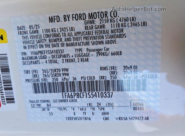 1FA6P8CF1S5410337 2025 FORD MUSTANG White Vista del compartimento del motor