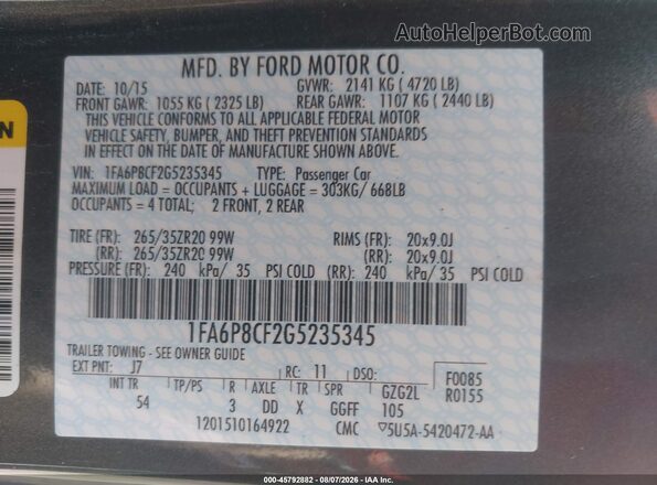 1FA6P8CF2G5235345 2016 FORD MUSTANG Серый Вид подкапотного пространства