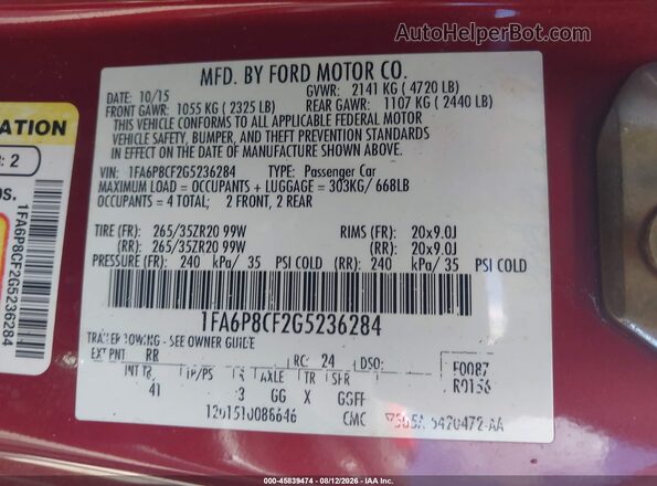 1FA6P8CF2G5236284 2016 FORD MUSTANG Red Widok komory silnika