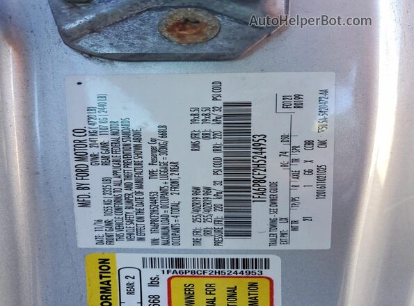 1FA6P8CF2H5244953 2017 FORD MUSTANG Silver Вид наклейки з VIN-кодом