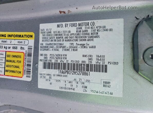 1FA6P8CF2H5278861 2017 FORD MUSTANG Silver ძრავის განყოფილების ხედი