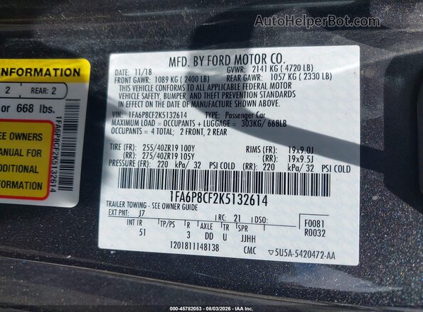 1FA6P8CF2K5132614 2019 FORD MUSTANG Gray Engine compartment view