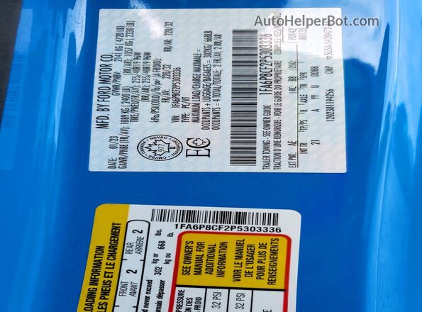 1FA6P8CF2P5303336 2023 FORD MUSTANG Blue Вид наклейки з VIN-кодом