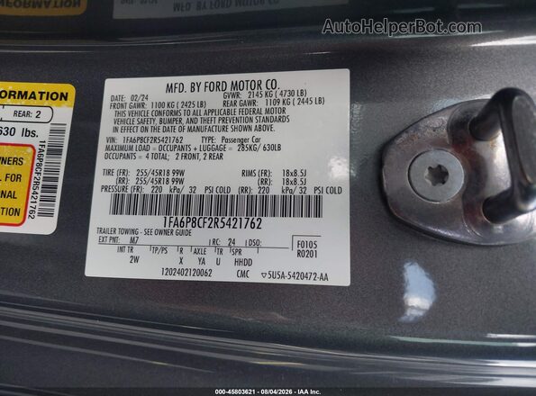 1FA6P8CF2R5421762 2024 FORD MUSTANG Gray Engine compartment view