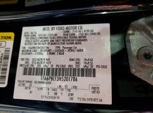 1FA6P8CF3H5201786 2017 FORD MUSTANG Черный Вид наклейки с VIN-кодом