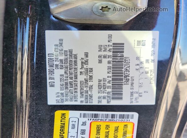 1FA6P8CF3H5210231 2017 FORD MUSTANG Black Շարժիչի բաժամունքի տեսք